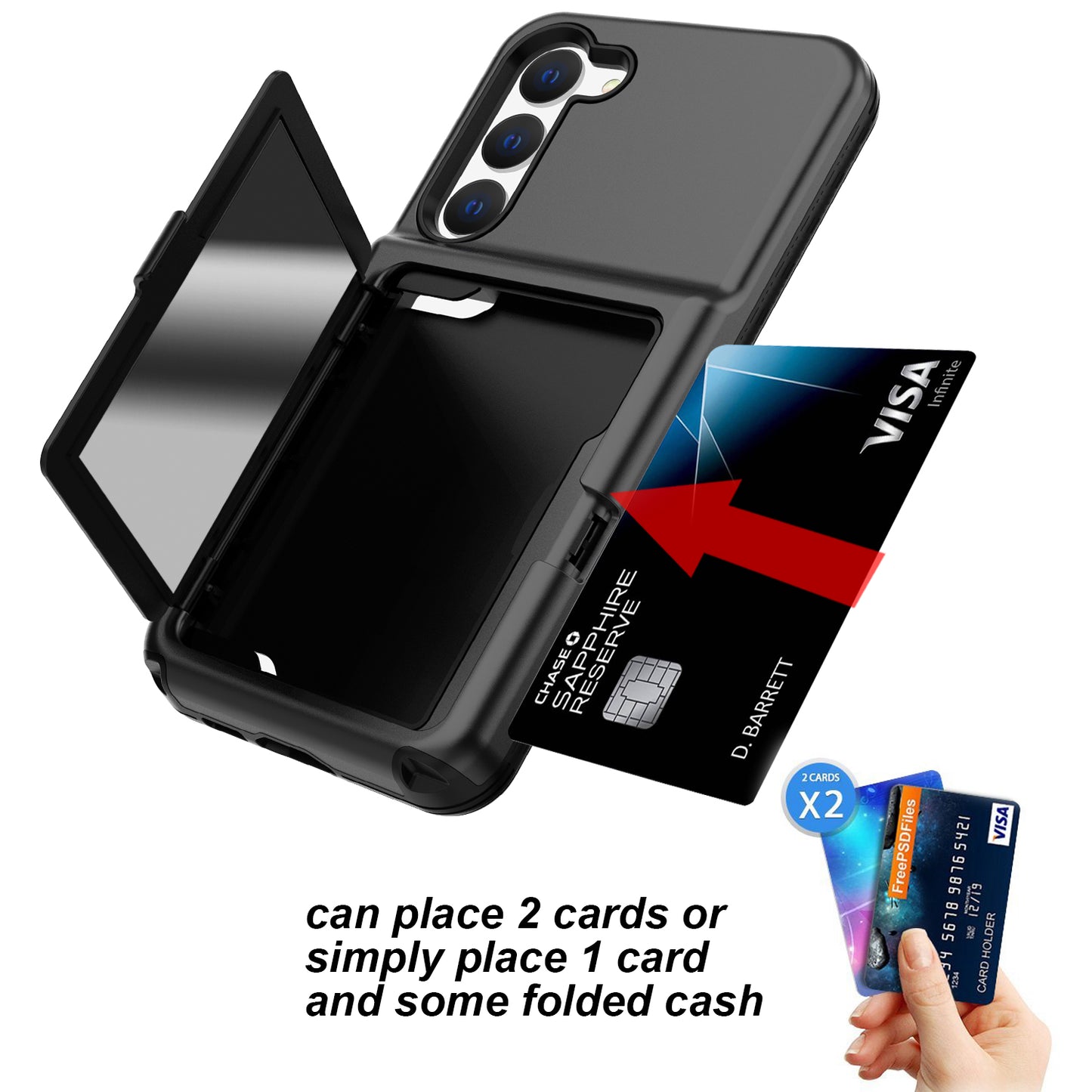 For Samsung Galaxy S23+ Cardcase Series Mirror Function Phone Case Kickstand Card Holder Thickened Phone Cover