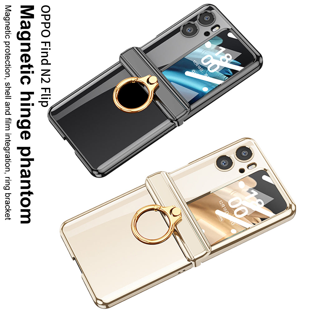 GKK For Oppo Find N2 Flip 5G Ring Kickstand Phone Case Magnetic Hinge PC Cover with Small Screen Protective Film