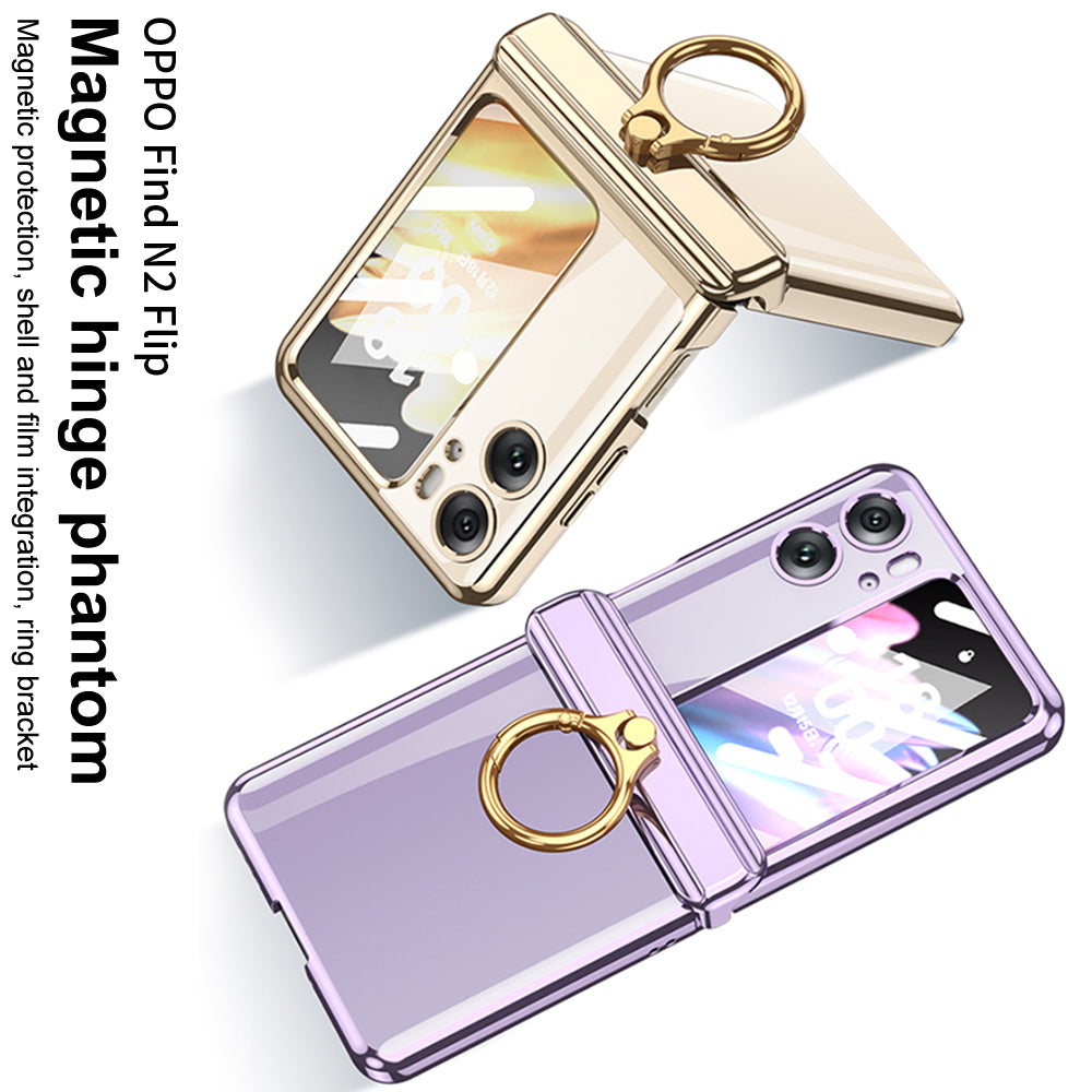 GKK For Oppo Find N2 Flip 5G Ring Kickstand Phone Case Magnetic Hinge PC Cover with Small Screen Protective Film