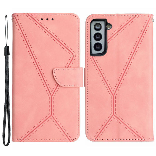 HT05 For Samsung Galaxy S22 5G PU Leather Imprinted Line Phone Case Wallet Stand Skin-touch Protective Cover