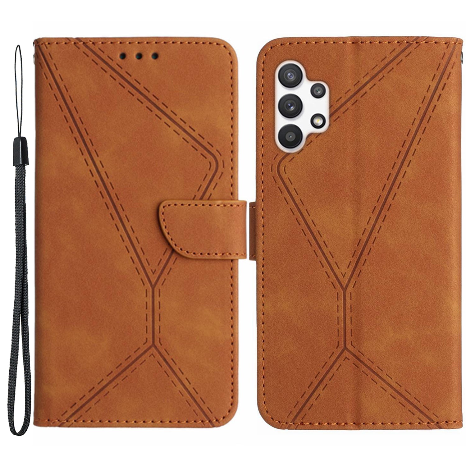 HT05 PU Leather Case for Samsung Galaxy A32 4G (EU Version) Imprinted Line Wallet Stand Skin-touch Cover