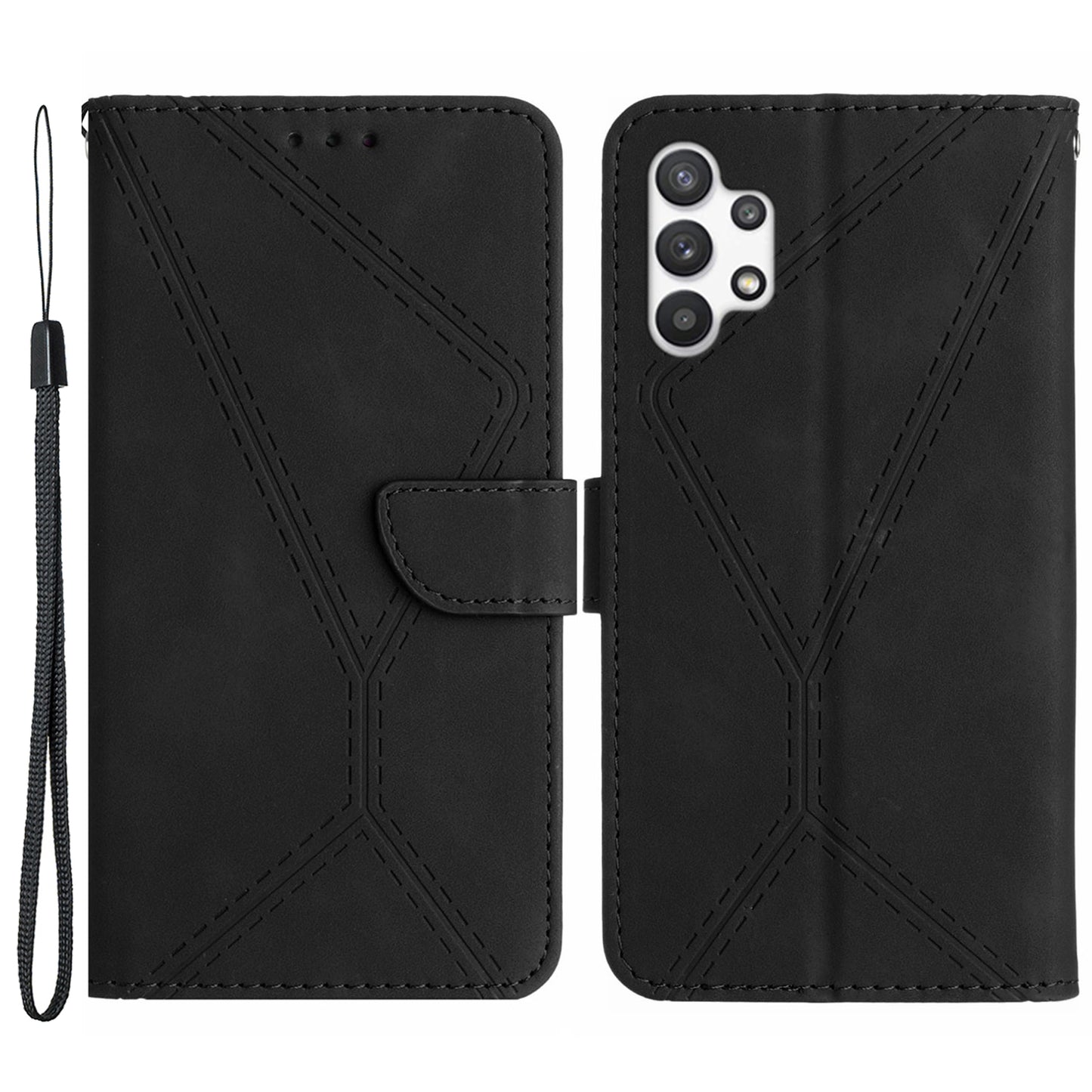 HT05 PU Leather Case for Samsung Galaxy A32 4G (EU Version) Imprinted Line Wallet Stand Skin-touch Cover