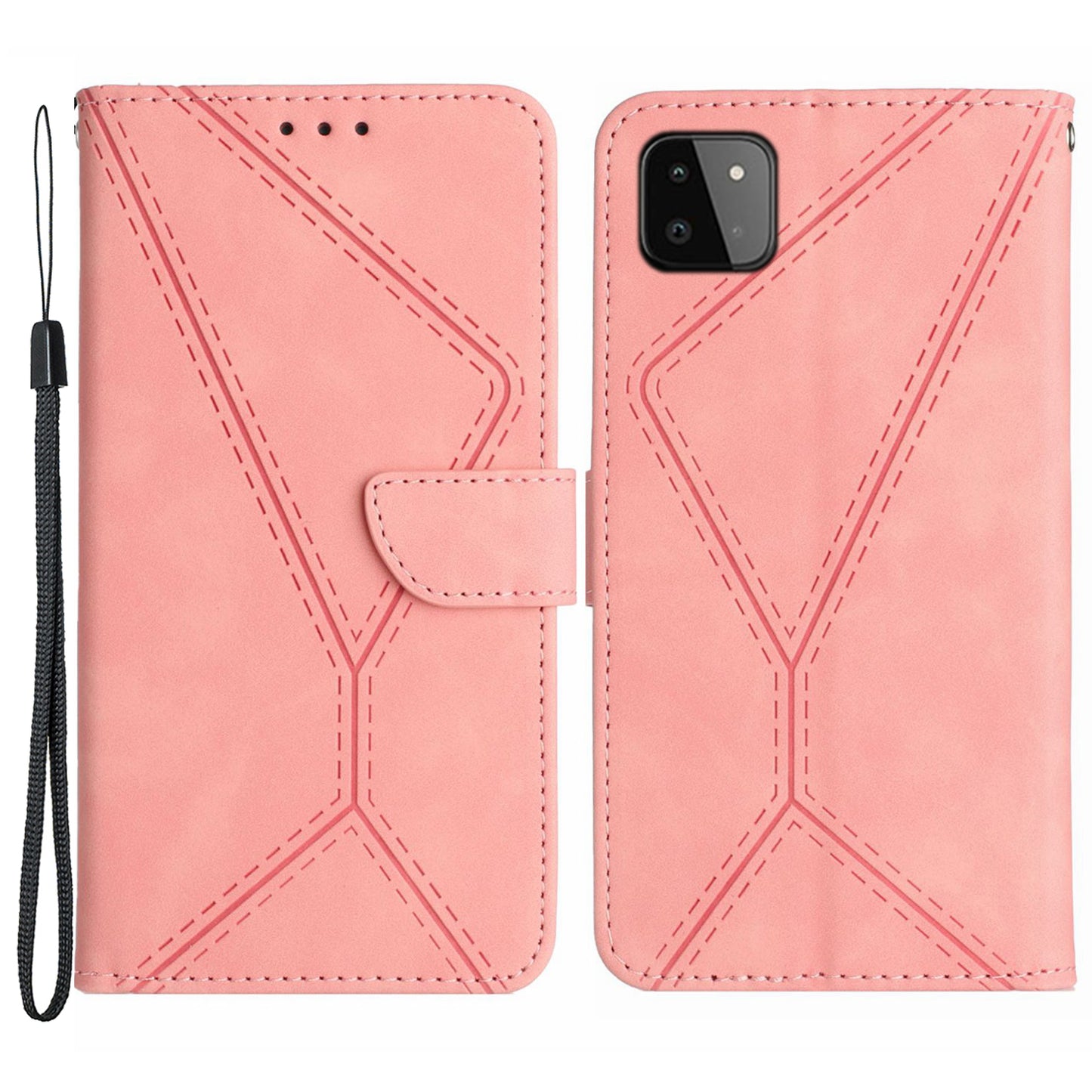 HT05 Skin-touch Phone Case for Samsung Galaxy A22 5G (EU Version) Imprinted Line Wallet Stand Leather Cover