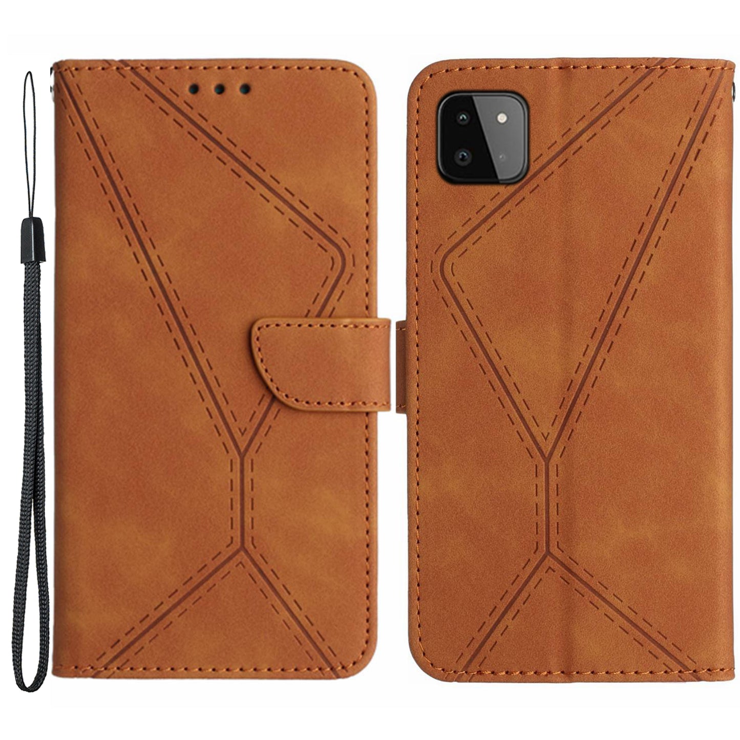 HT05 Skin-touch Phone Case for Samsung Galaxy A22 5G (EU Version) Imprinted Line Wallet Stand Leather Cover
