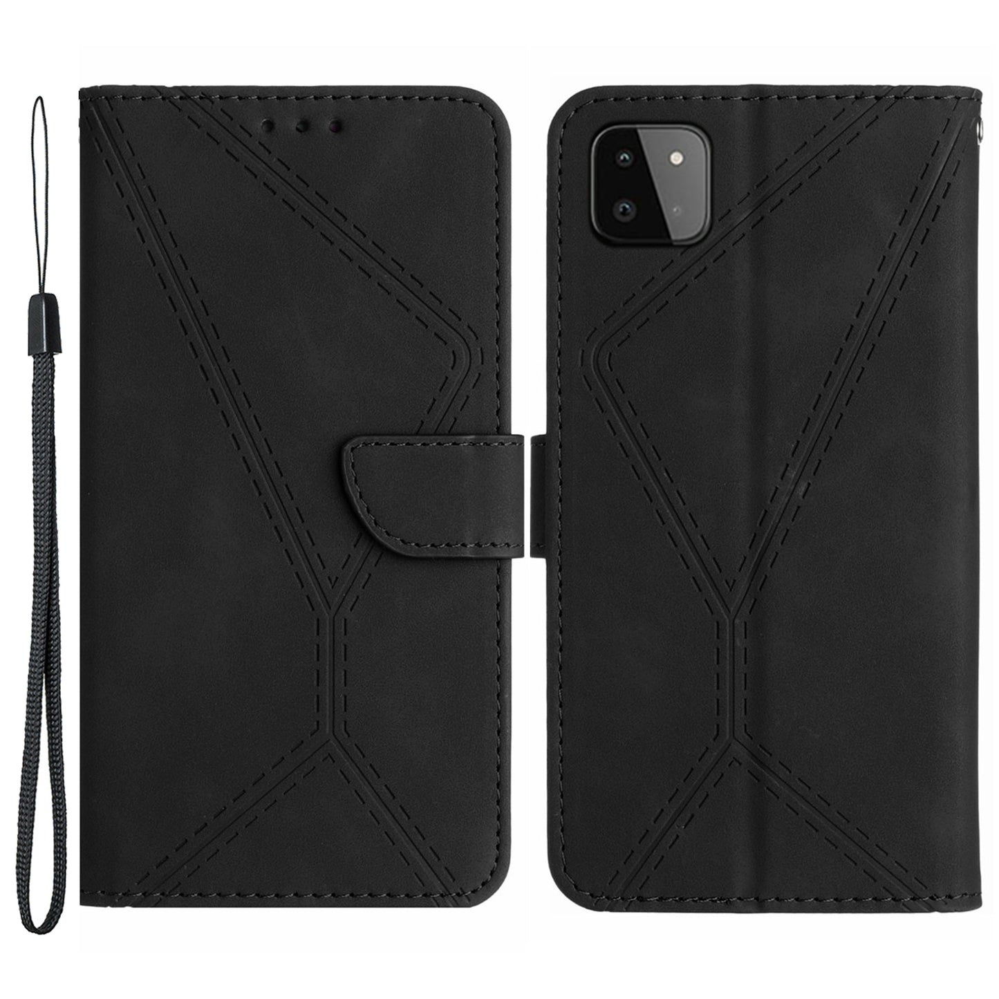HT05 Skin-touch Phone Case for Samsung Galaxy A22 5G (EU Version) Imprinted Line Wallet Stand Leather Cover