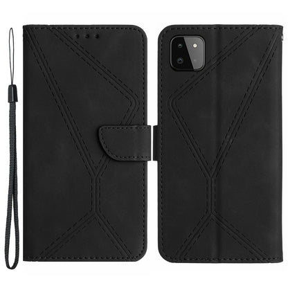 HT05 Skin-touch Phone Case for Samsung Galaxy A22 5G (EU Version) Imprinted Line Wallet Stand Leather Cover