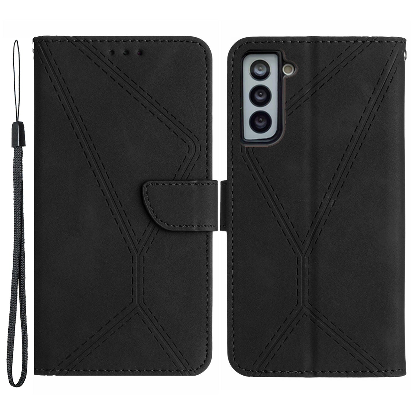 HT05 Stand Case for Samsung Galaxy S21 FE 5G Imprinted Line Wallet Skin-touch PU Leather Cover