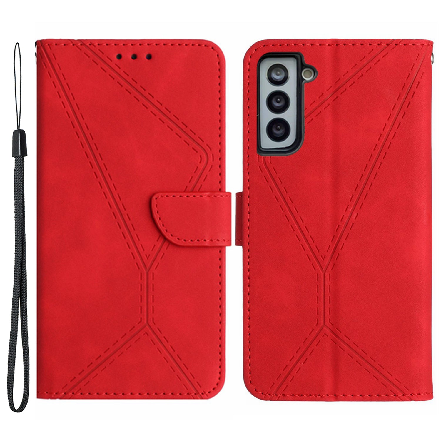 HT05 Stand Case for Samsung Galaxy S21 FE 5G Imprinted Line Wallet Skin-touch PU Leather Cover