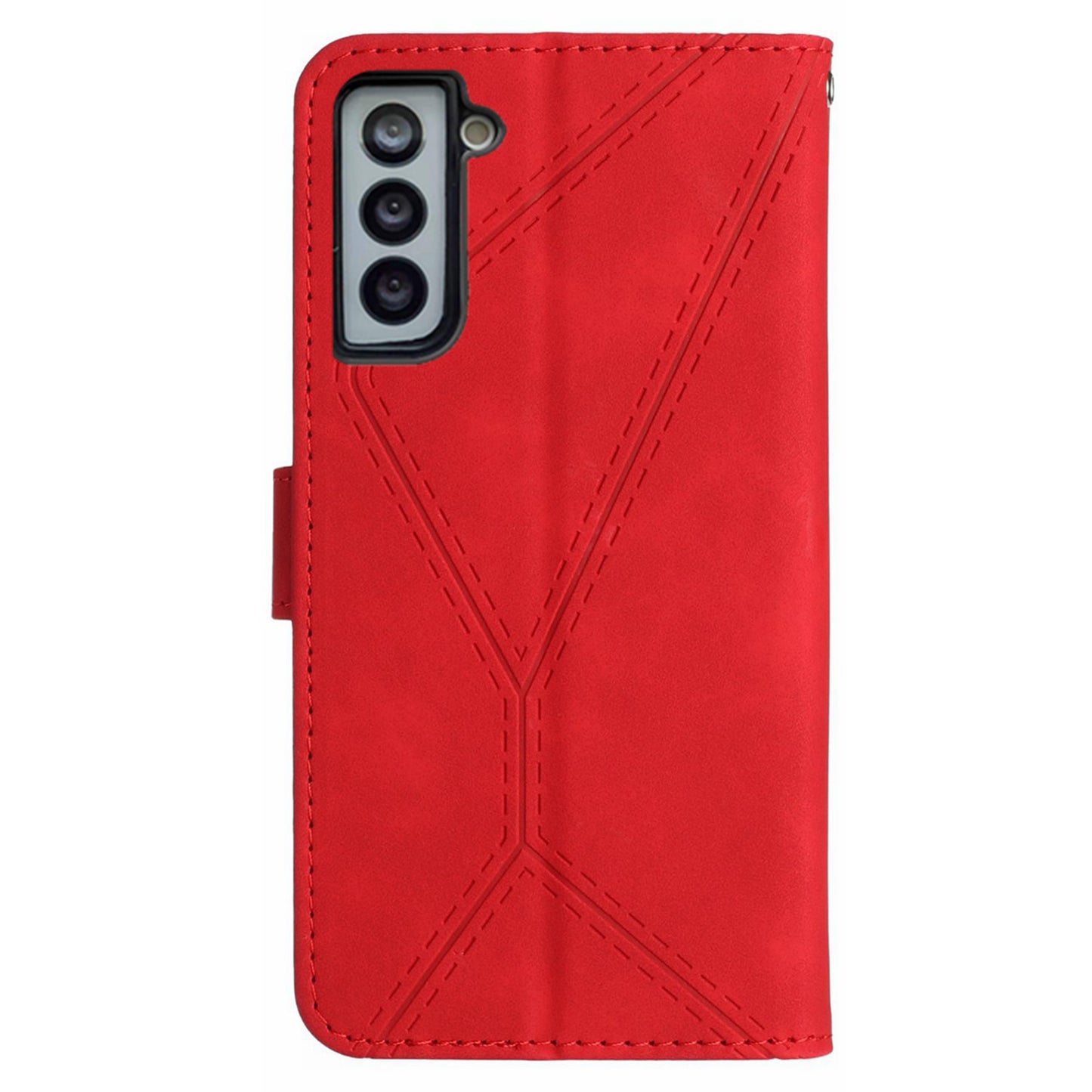 HT05 Stand Case for Samsung Galaxy S21 FE 5G Imprinted Line Wallet Skin-touch PU Leather Cover