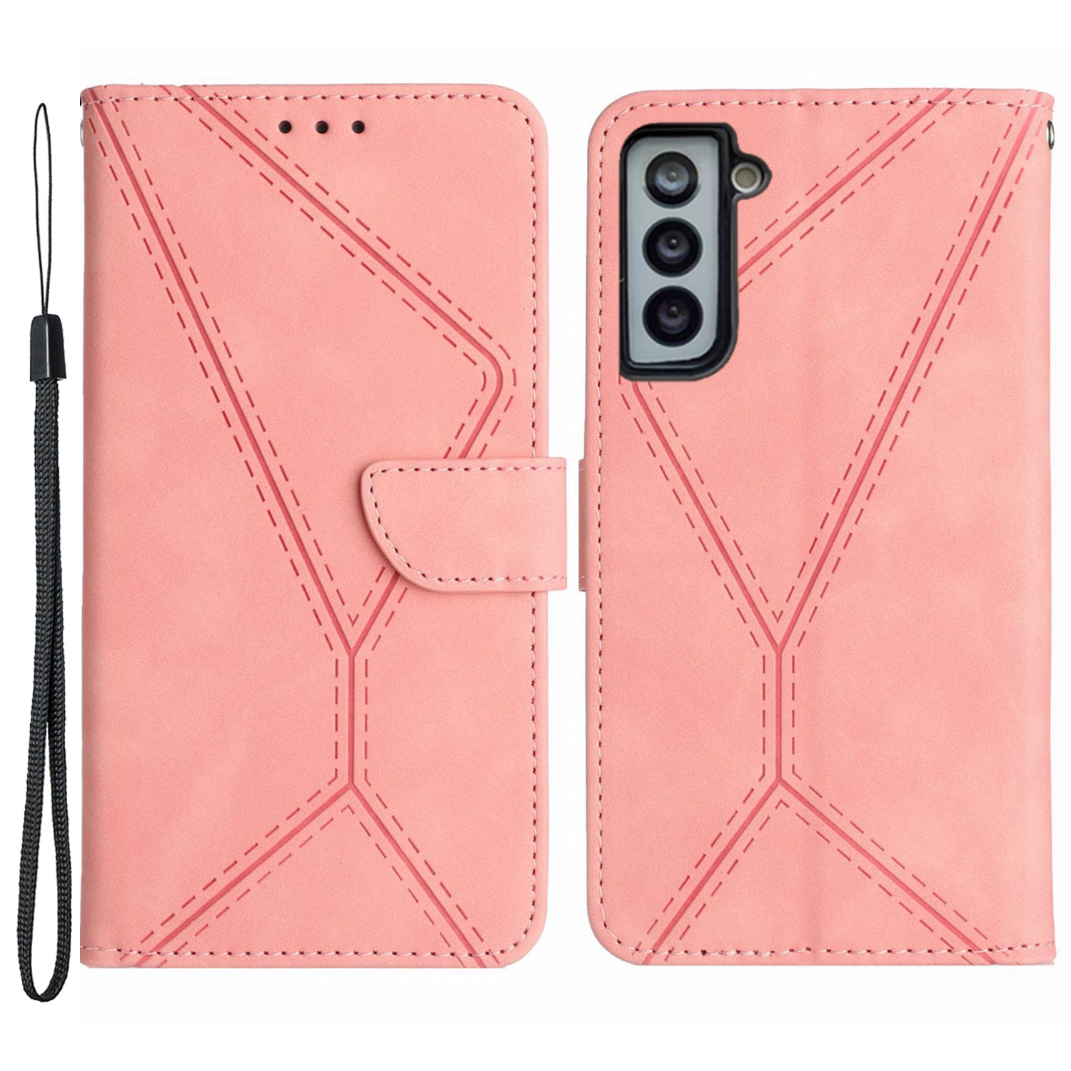 HT05 Stand Case for Samsung Galaxy S21 FE 5G Imprinted Line Wallet Skin-touch PU Leather Cover