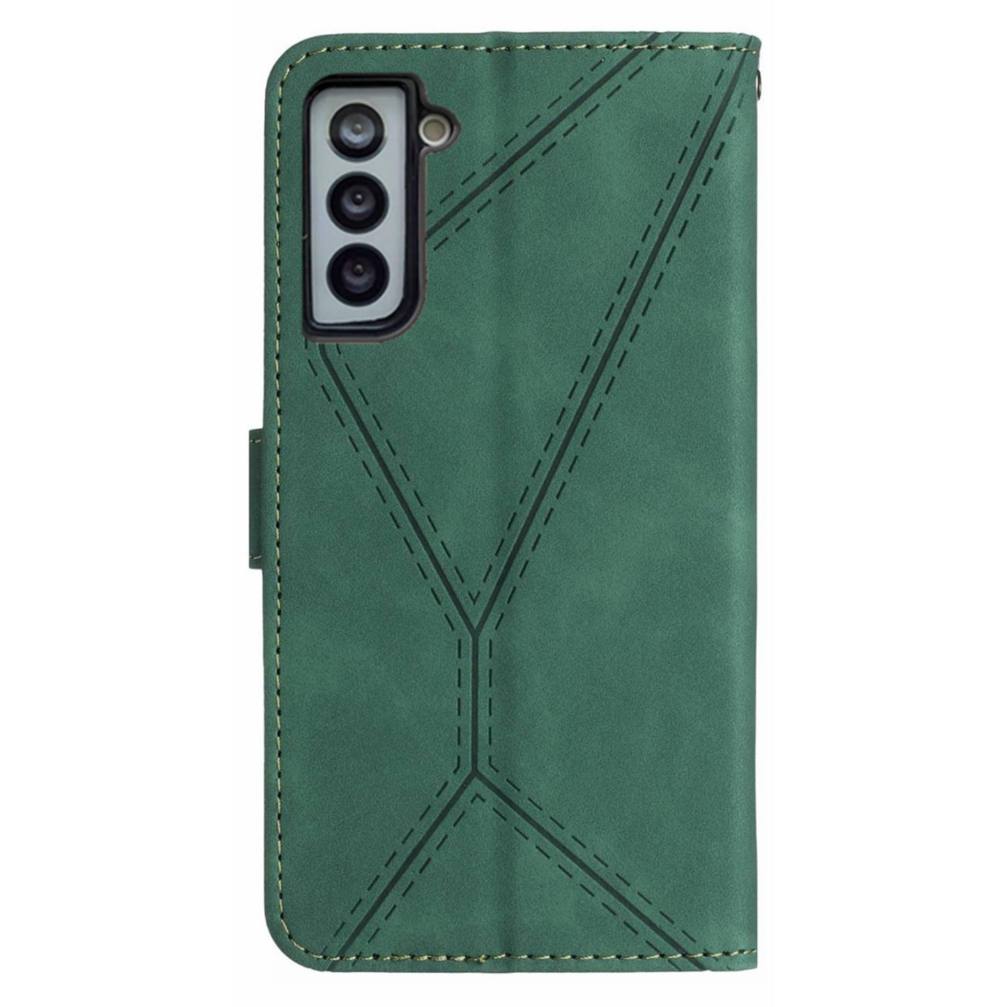 HT05 Stand Case for Samsung Galaxy S21 FE 5G Imprinted Line Wallet Skin-touch PU Leather Cover