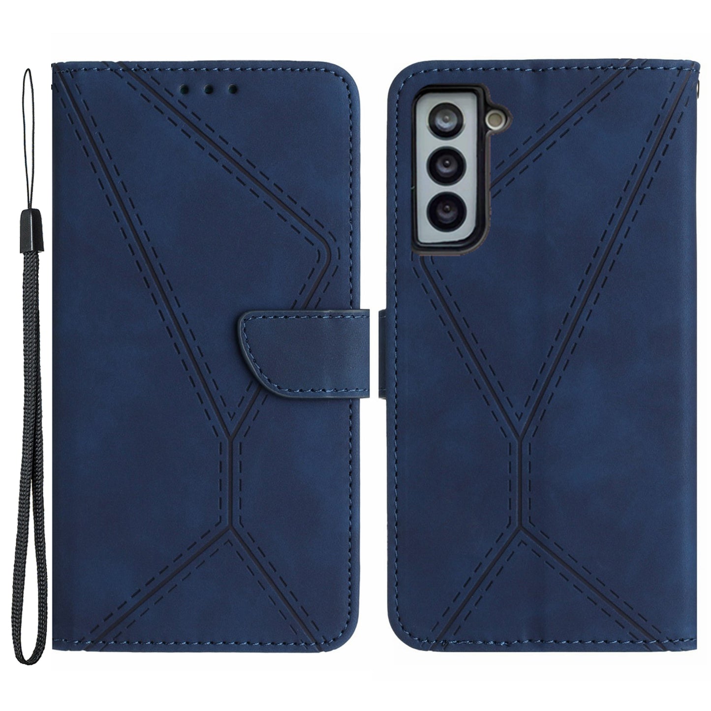 HT05 Stand Case for Samsung Galaxy S21 FE 5G Imprinted Line Wallet Skin-touch PU Leather Cover
