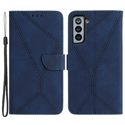 HT05 Stand Case for Samsung Galaxy S21 FE 5G Imprinted Line Wallet Skin-touch PU Leather Cover