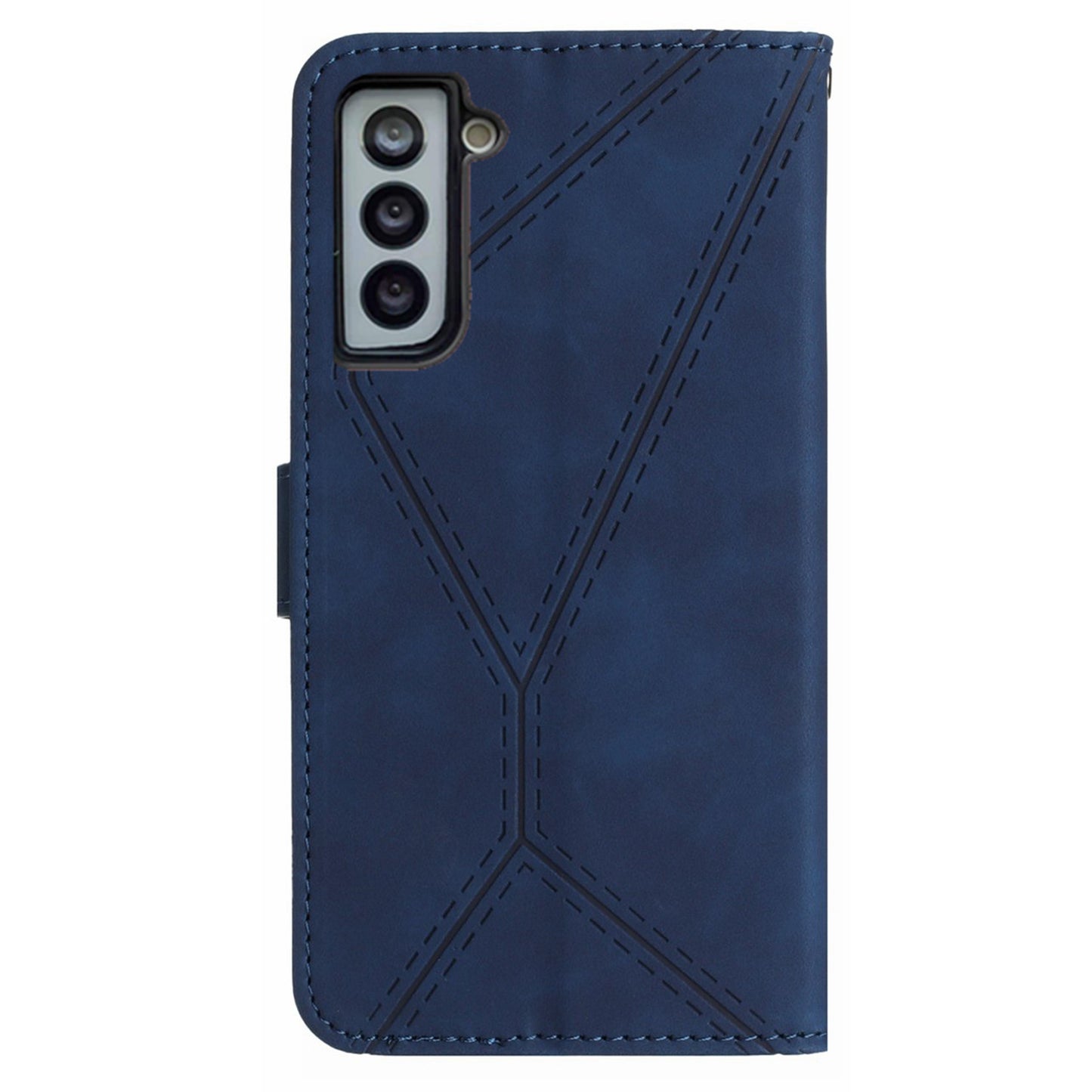 HT05 Stand Case for Samsung Galaxy S21 FE 5G Imprinted Line Wallet Skin-touch PU Leather Cover