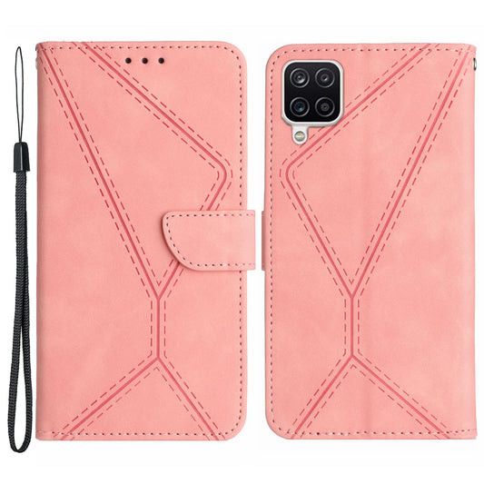 HT05 For Samsung Galaxy A12 / M12 / F12 Imprinted Line Wallet Stand Skin-touch PU Leather Phone Case