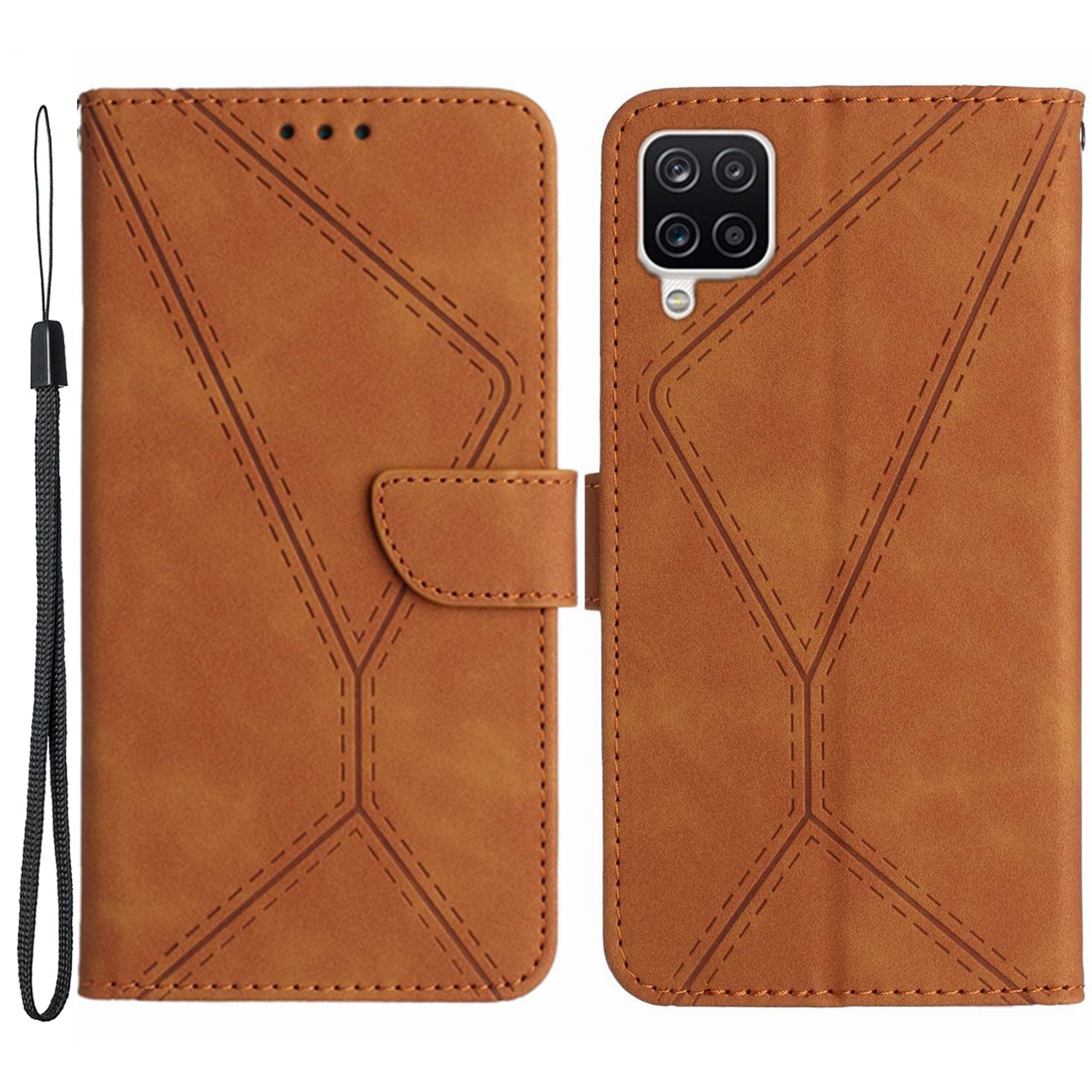 HT05 For Samsung Galaxy A12 / M12 / F12 Imprinted Line Wallet Stand Skin-touch PU Leather Phone Case
