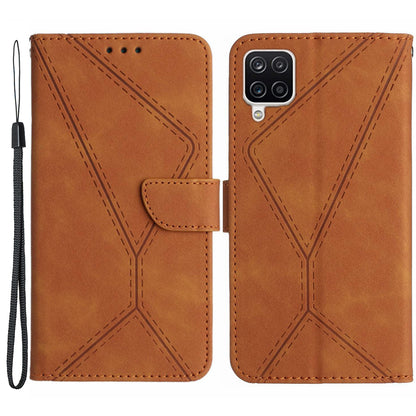 HT05 For Samsung Galaxy A12 / M12 / F12 Imprinted Line Wallet Stand Skin-touch PU Leather Phone Case
