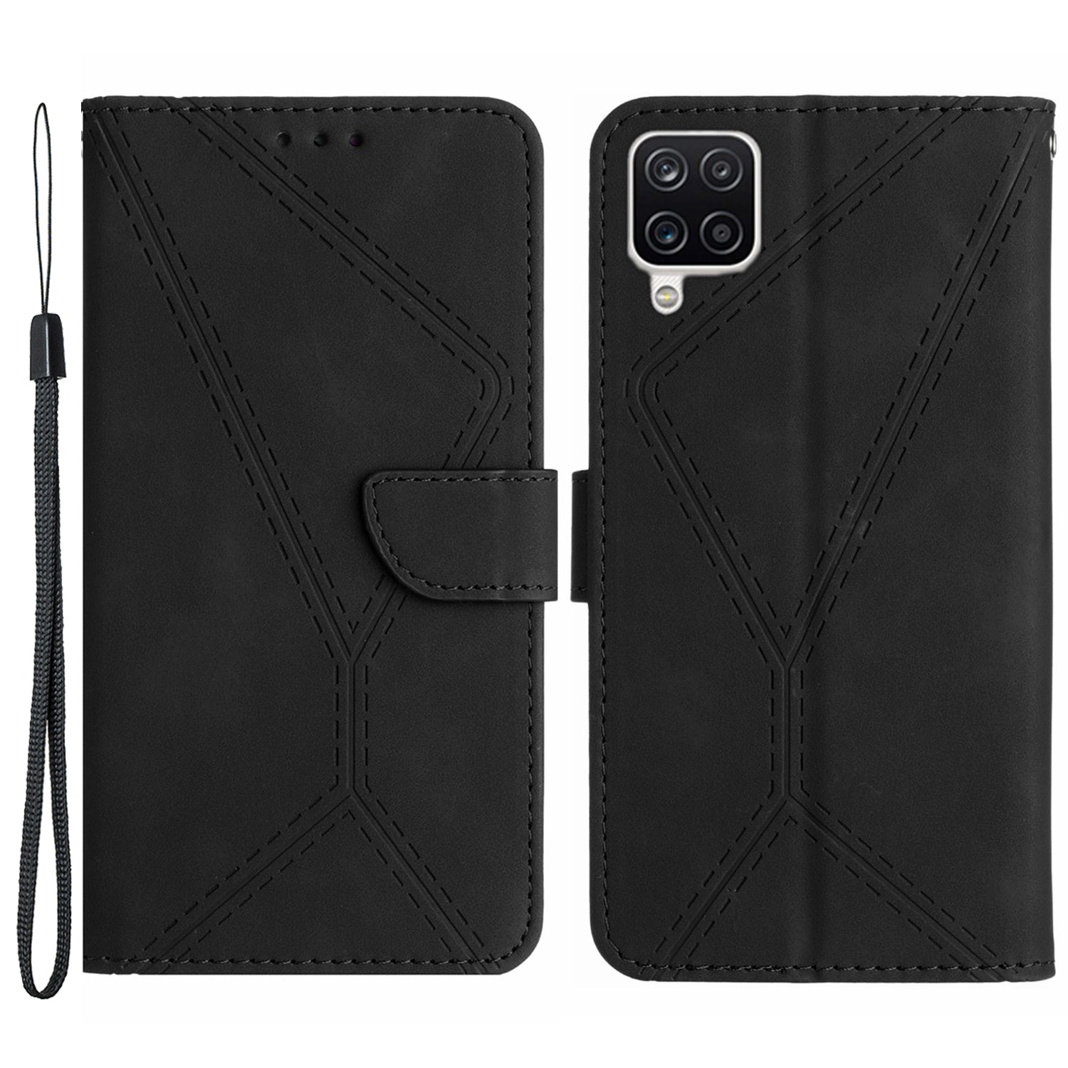 HT05 For Samsung Galaxy A12 / M12 / F12 Imprinted Line Wallet Stand Skin-touch PU Leather Phone Case