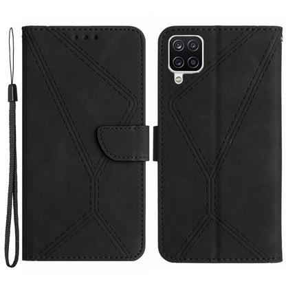 HT05 For Samsung Galaxy A12 / M12 / F12 Imprinted Line Wallet Stand Skin-touch PU Leather Phone Case