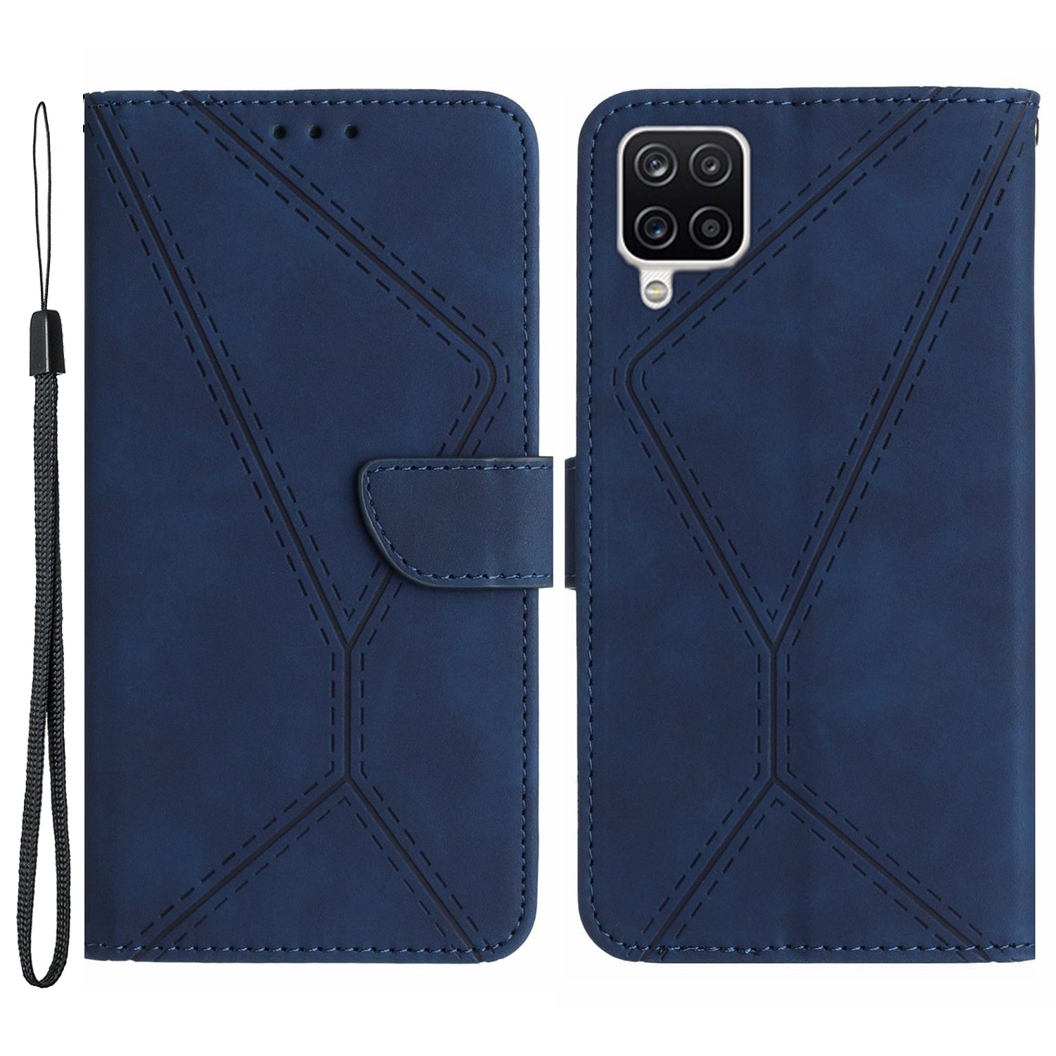 HT05 For Samsung Galaxy A12 / M12 / F12 Imprinted Line Wallet Stand Skin-touch PU Leather Phone Case