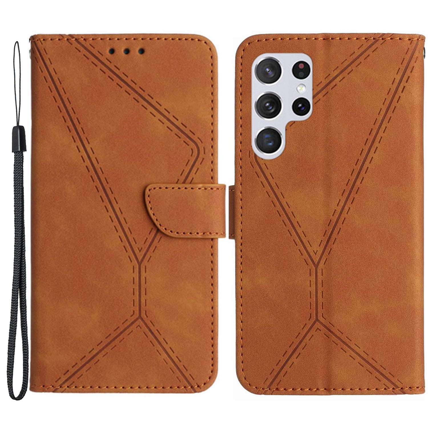 HT05 PU Leather Flip Cover for Samsung Galaxy S22 Ultra 5G Wallet Phone Case Skin-touch Phone Cover with Strap