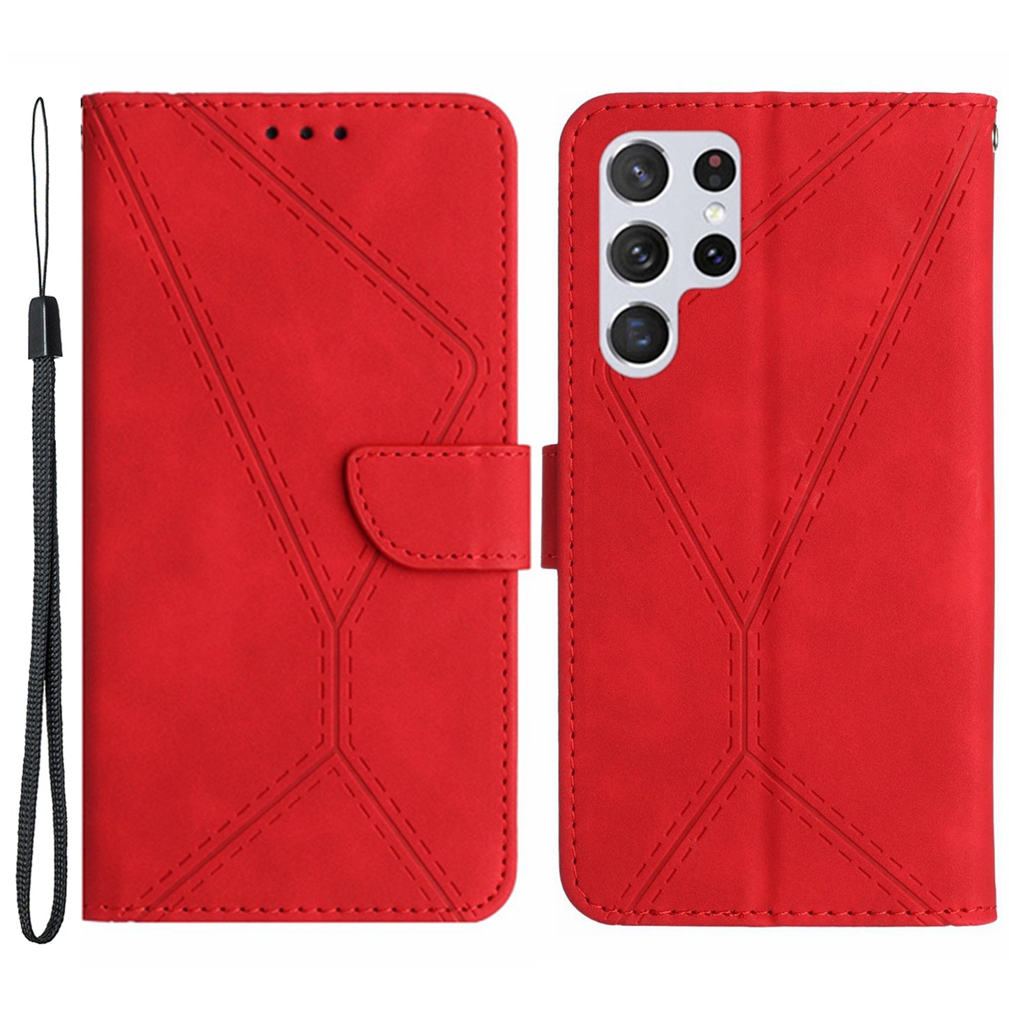 HT05 PU Leather Flip Cover for Samsung Galaxy S22 Ultra 5G Wallet Phone Case Skin-touch Phone Cover with Strap