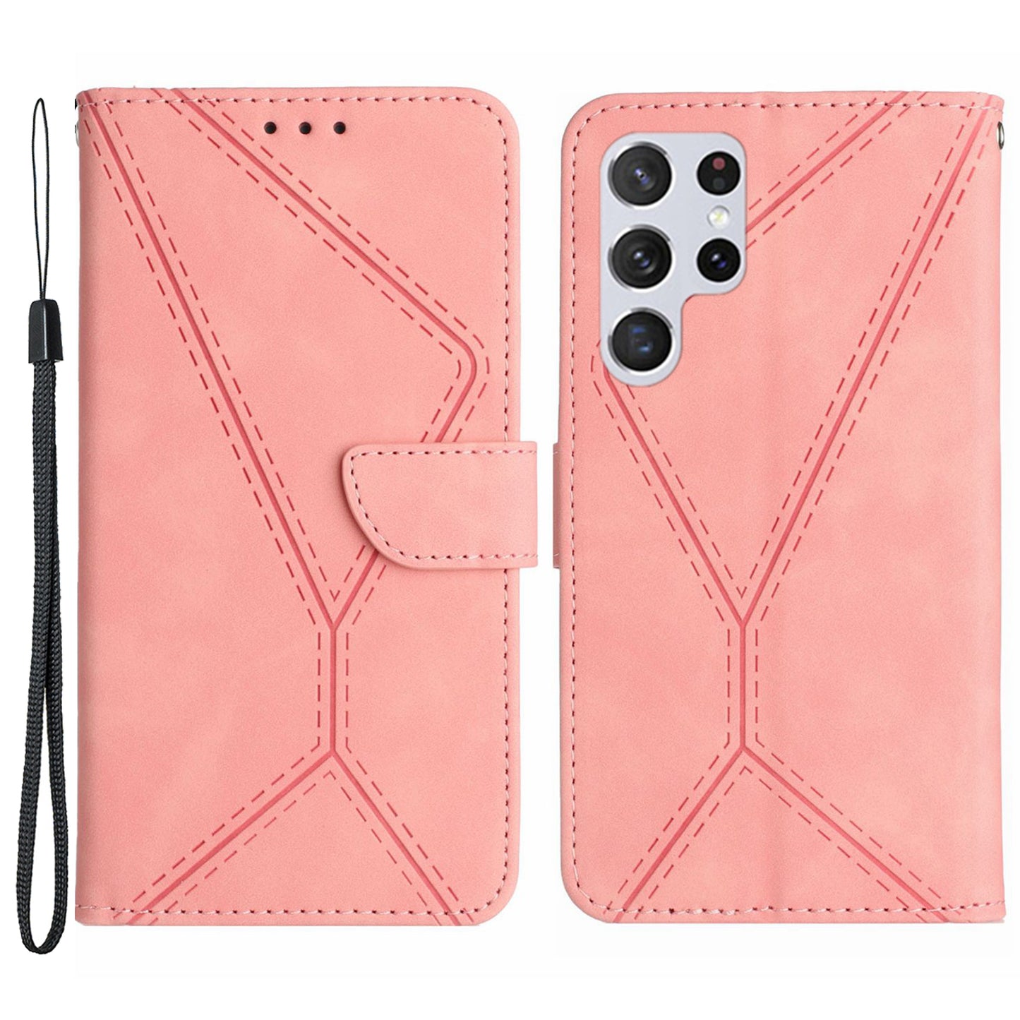 HT05 PU Leather Flip Cover for Samsung Galaxy S22 Ultra 5G Wallet Phone Case Skin-touch Phone Cover with Strap