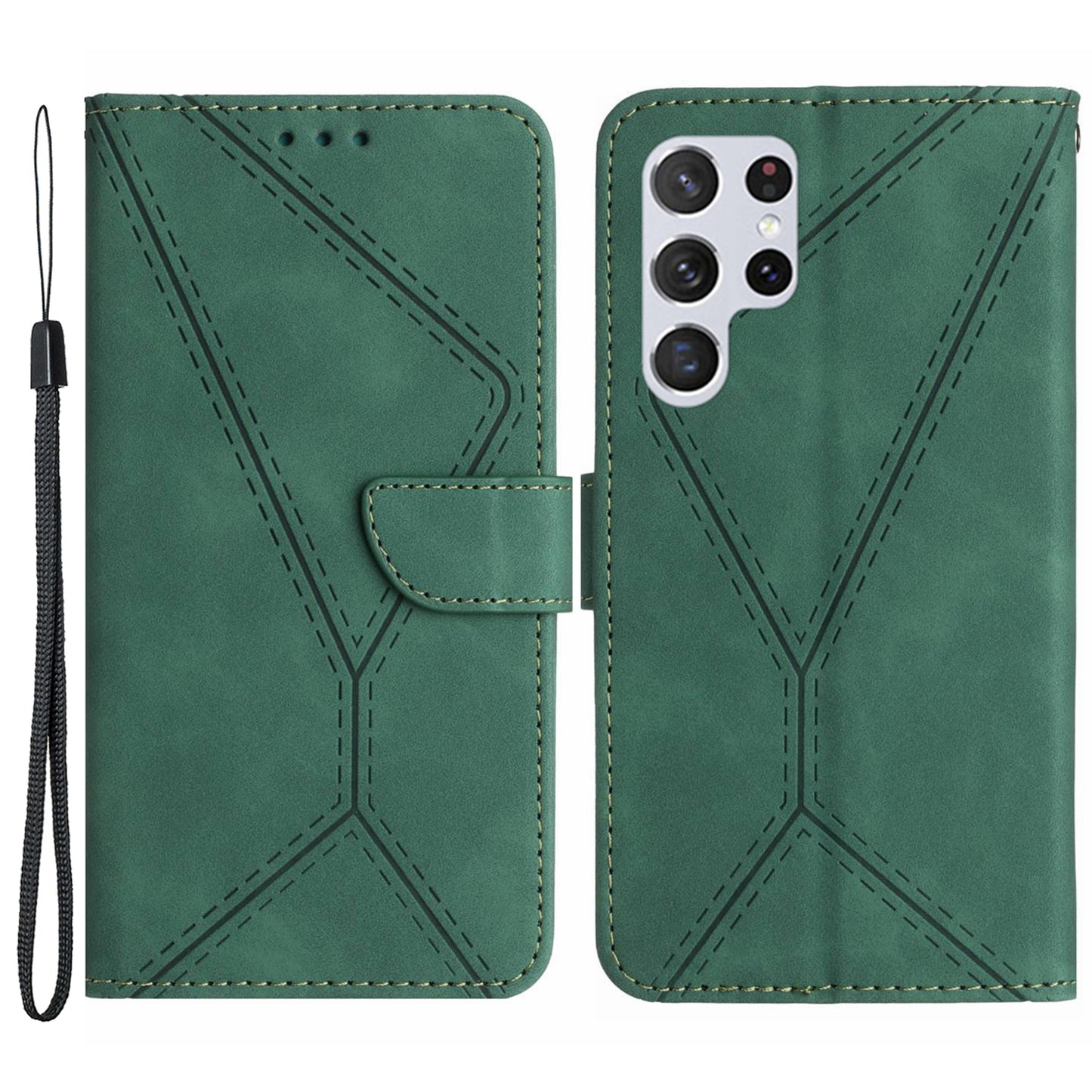HT05 PU Leather Flip Cover for Samsung Galaxy S22 Ultra 5G Wallet Phone Case Skin-touch Phone Cover with Strap