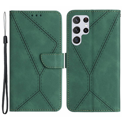 HT05 PU Leather Flip Cover for Samsung Galaxy S22 Ultra 5G Wallet Phone Case Skin-touch Phone Cover with Strap