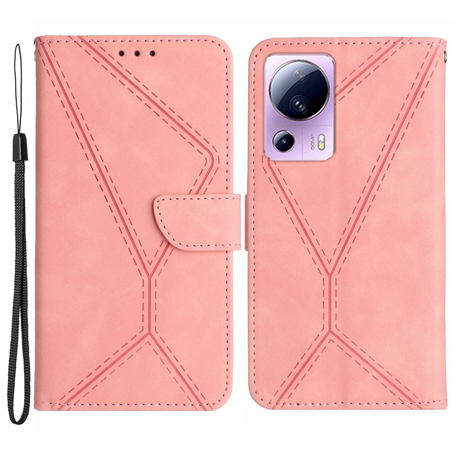 HT05 Phone Case for Xiaomi 13 Lite / Civi 2 5G Leather Flip Cover Skin-touch Wallet Shell with Strap