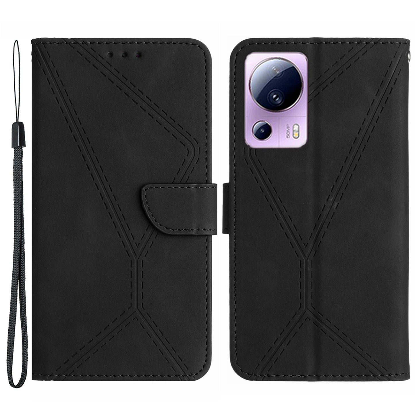 HT05 Phone Case for Xiaomi 13 Lite / Civi 2 5G Leather Flip Cover Skin-touch Wallet Shell with Strap