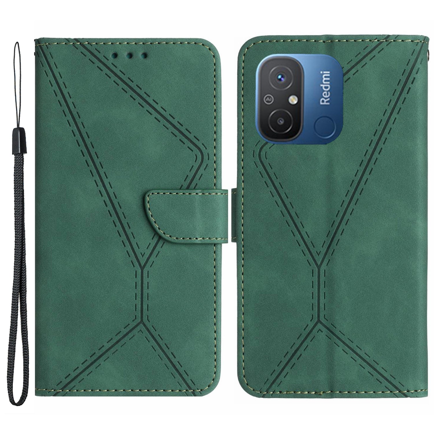 HT05 For Xiaomi Poco C55 4G / Redmi 11A 4G / 12C 4G Phone Case Wallet Stand Skin-touch Imprinted Line PU Leather Cover