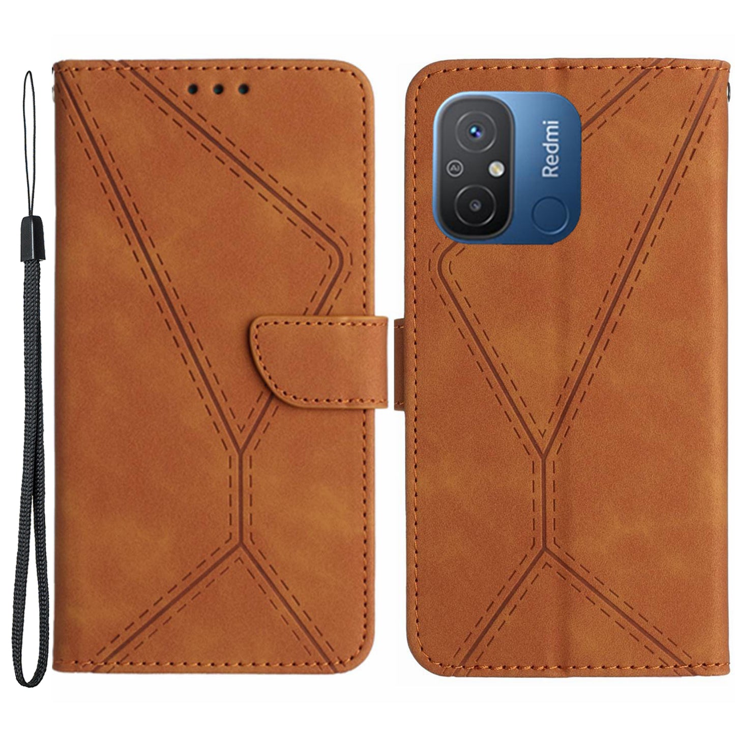 HT05 For Xiaomi Poco C55 4G / Redmi 11A 4G / 12C 4G Phone Case Wallet Stand Skin-touch Imprinted Line PU Leather Cover