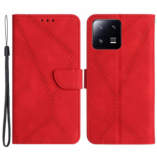 HT05 For Xiaomi 13 Imprinted Line Phone Cover Case Anti-Dust Wallet Stand Skin-touch Leather Shell