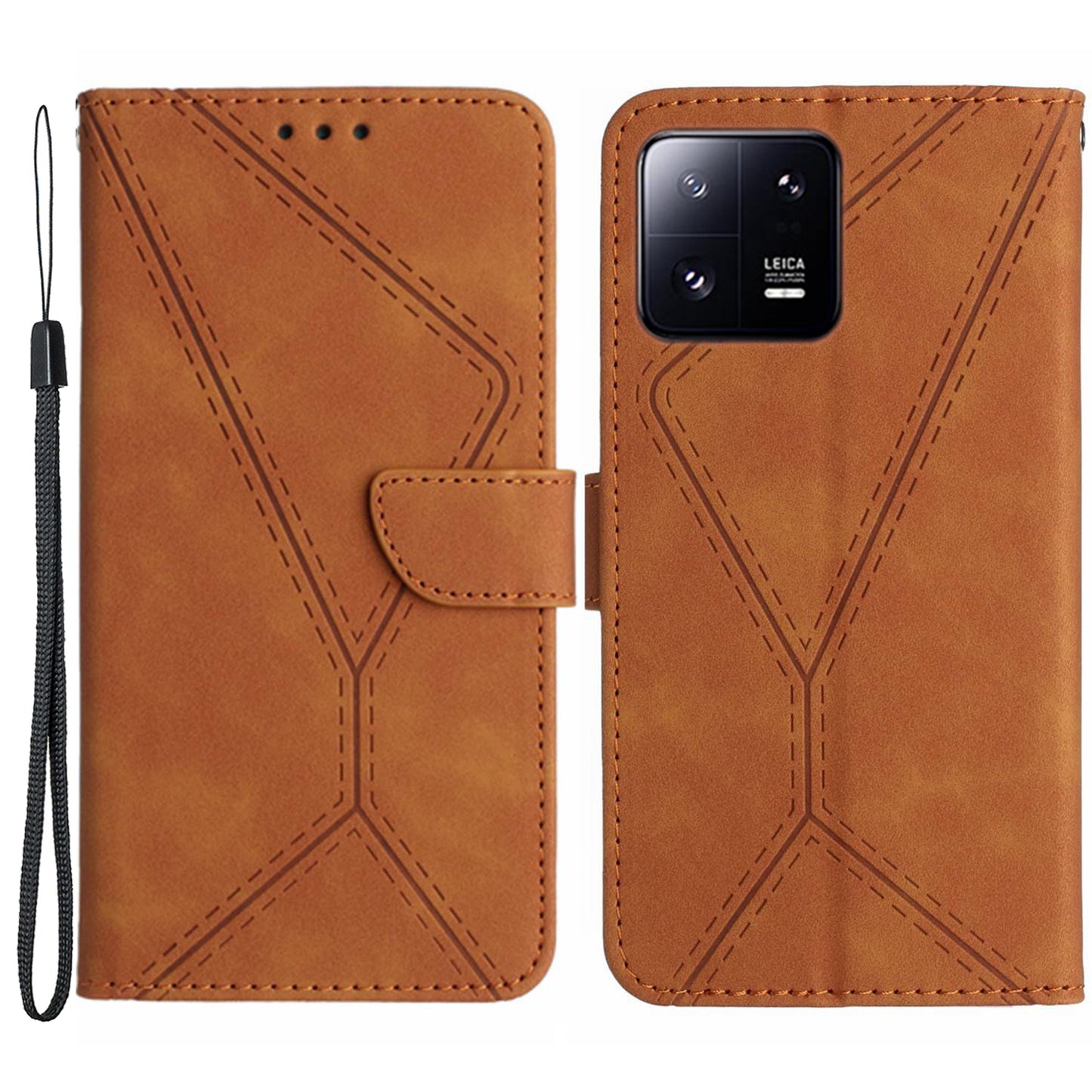 HT05 For Xiaomi 13 Imprinted Line Phone Cover Case Anti-Dust Wallet Stand Skin-touch Leather Shell