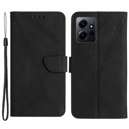 HT05 PU Leather Phone Case for Xiaomi Redmi Note 12 4G Imprinted Line Wallet Stand Skin-touch Cover