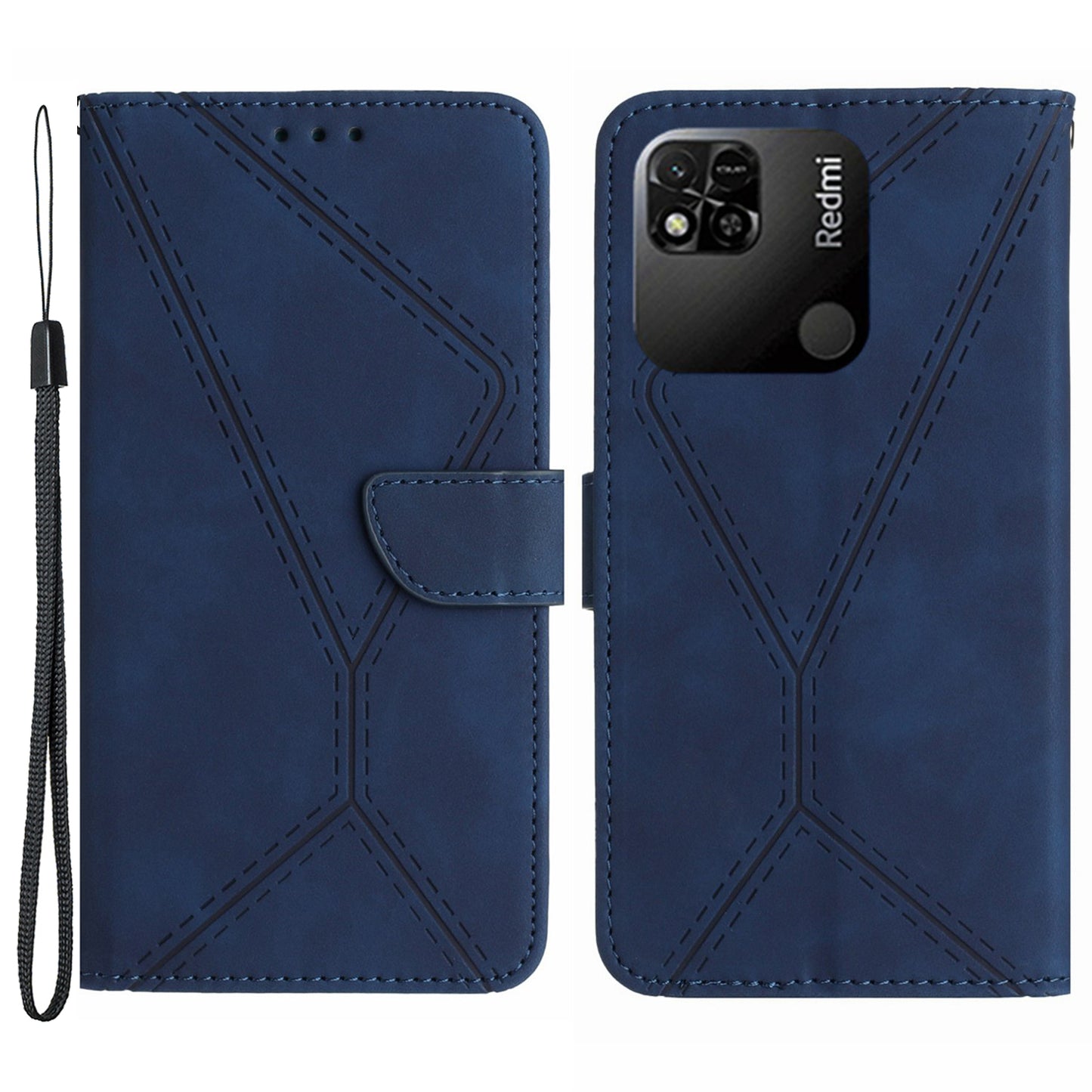 HT05 Wallet Stand Phone Case for Xiaomi Redmi 10A Imprinted Line Skin-touch PU Leather Cover