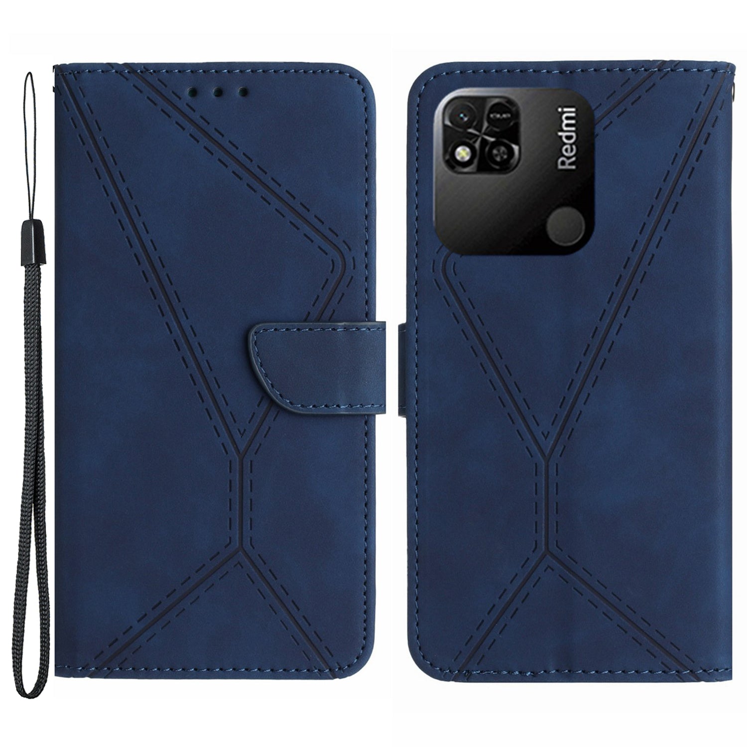 HT05 Wallet Stand Phone Case for Xiaomi Redmi 10A Imprinted Line Skin-touch PU Leather Cover