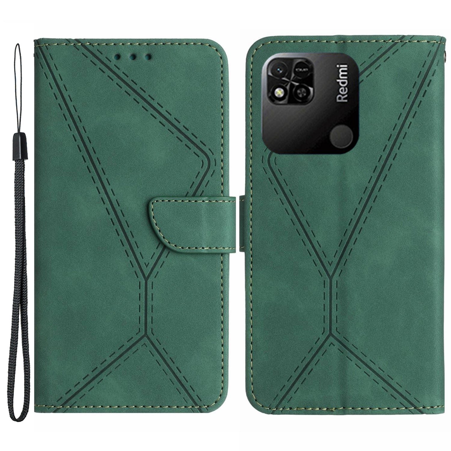 HT05 Wallet Stand Phone Case for Xiaomi Redmi 10A Imprinted Line Skin-touch PU Leather Cover