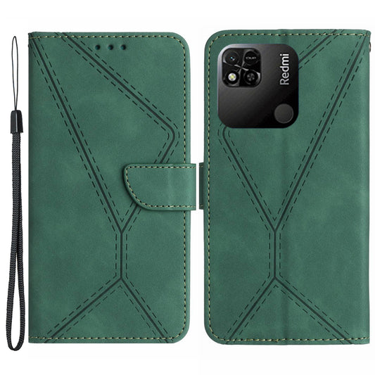 HT05 Wallet Stand Phone Case for Xiaomi Redmi 10A Imprinted Line Skin-touch PU Leather Cover