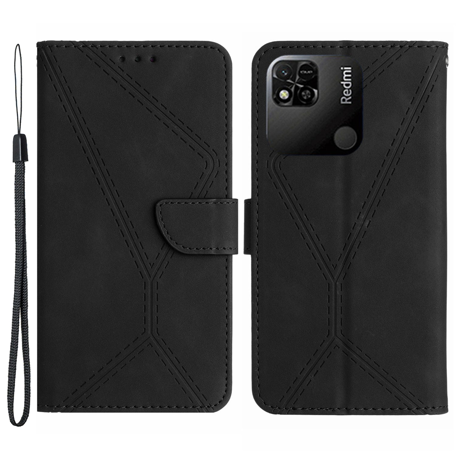 HT05 Wallet Stand Phone Case for Xiaomi Redmi 10A Imprinted Line Skin-touch PU Leather Cover