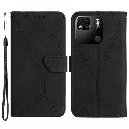 HT05 Wallet Stand Phone Case for Xiaomi Redmi 10A Imprinted Line Skin-touch PU Leather Cover