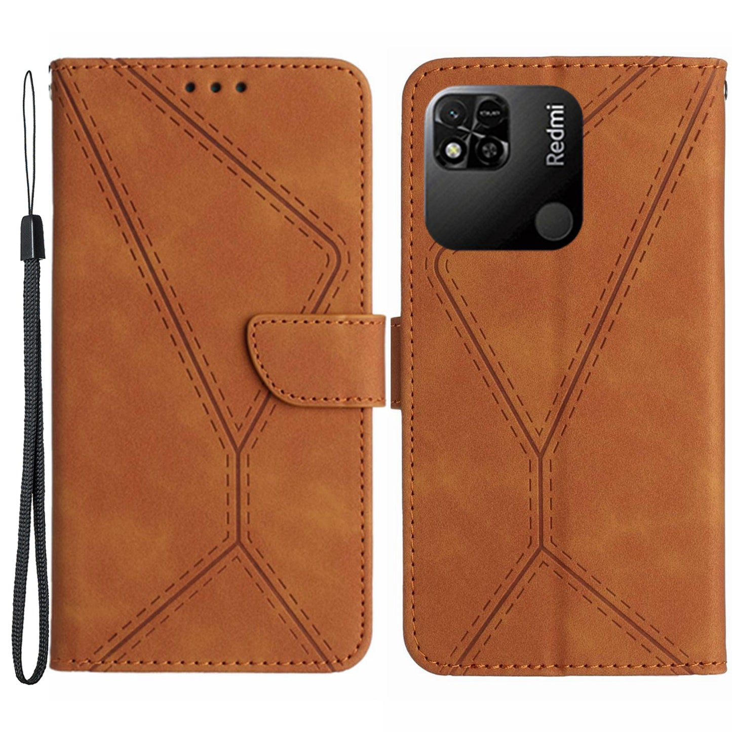 HT05 Wallet Stand Phone Case for Xiaomi Redmi 10A Imprinted Line Skin-touch PU Leather Cover