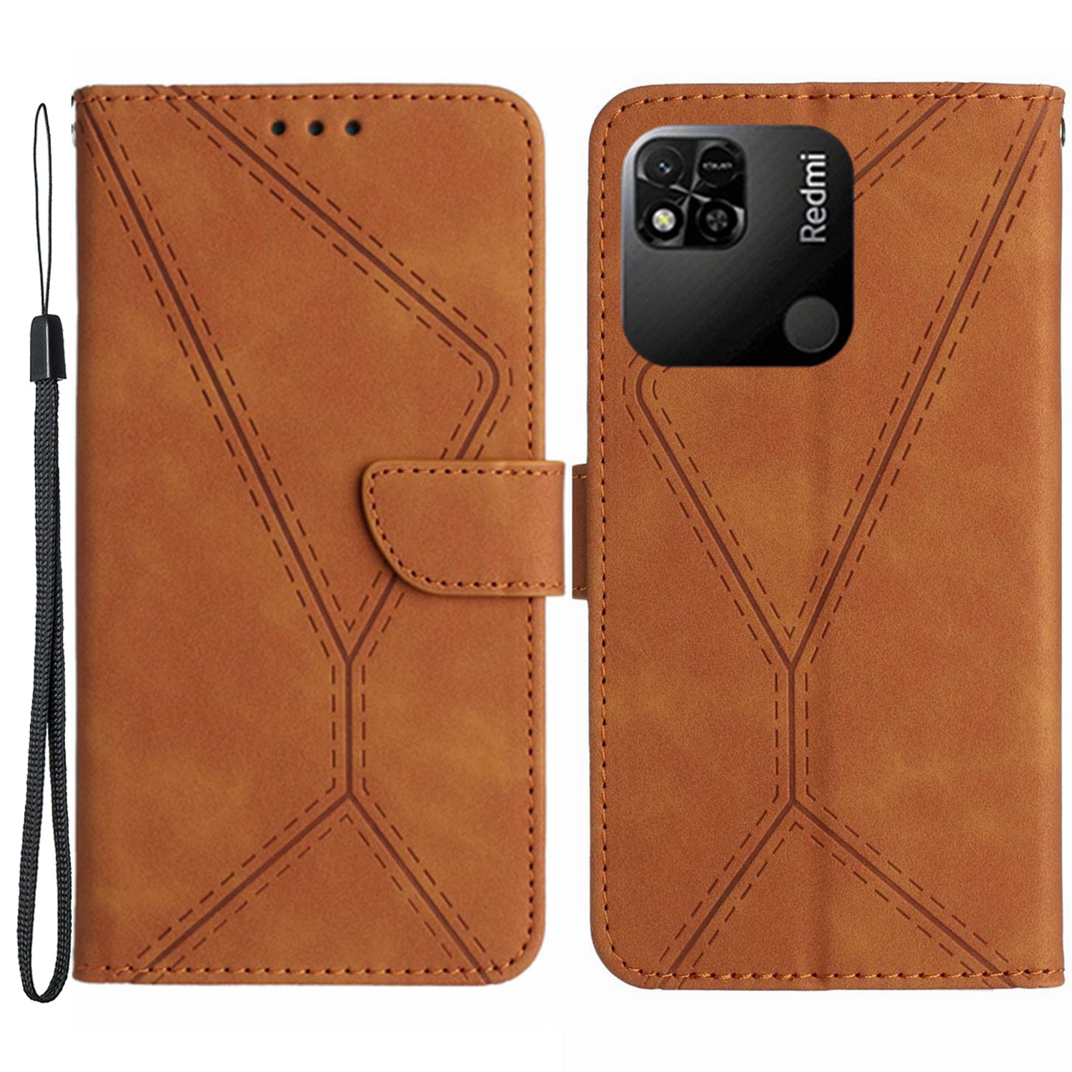 HT05 Wallet Stand Phone Case for Xiaomi Redmi 10A Imprinted Line Skin-touch PU Leather Cover