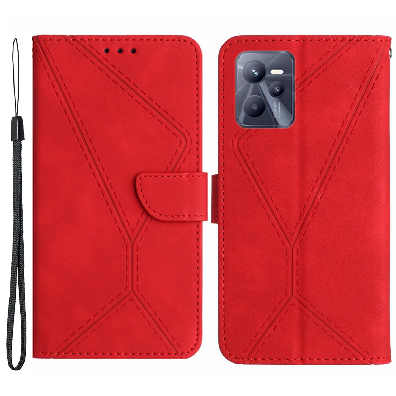 HT05 Skin-touch Phone Case for Realme C35 4G Anti-drop Leather Flip Cover Wallet Shell with Strap