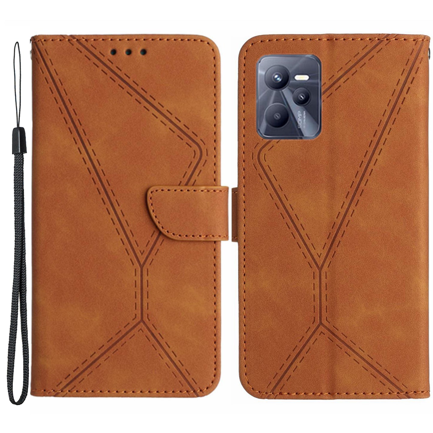 HT05 Skin-touch Phone Case for Realme C35 4G Anti-drop Leather Flip Cover Wallet Shell with Strap