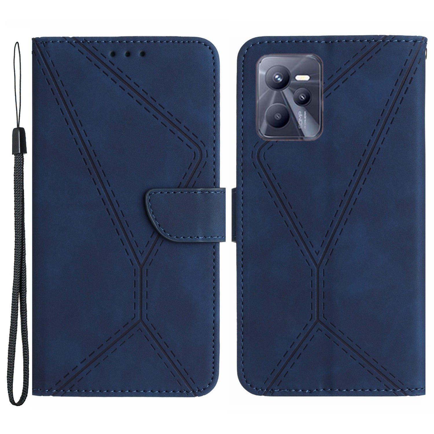 HT05 Skin-touch Phone Case for Realme C35 4G Anti-drop Leather Flip Cover Wallet Shell with Strap