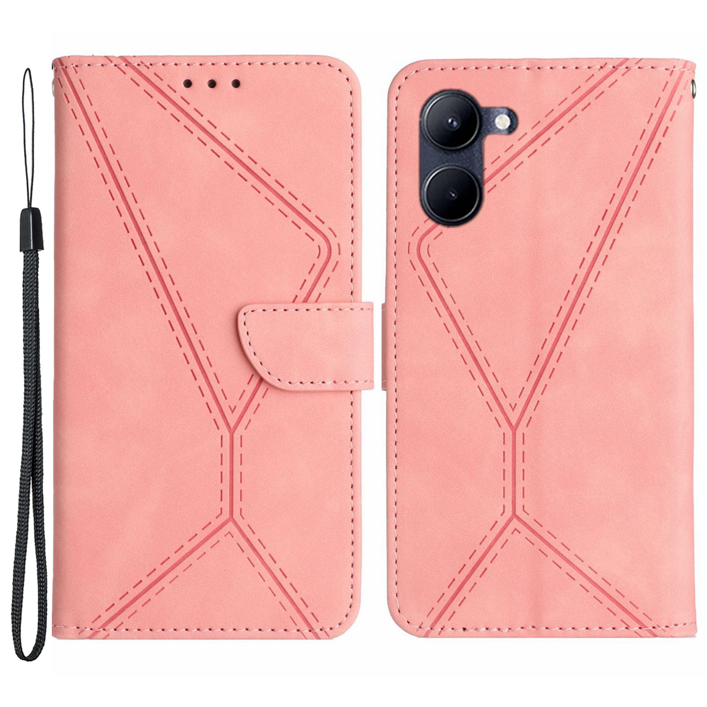 HT05 Phone Case for Realme C33 4G / C33 2023 4G PU Leather Skin-touch Imprinted Line Wallet Stand Cover