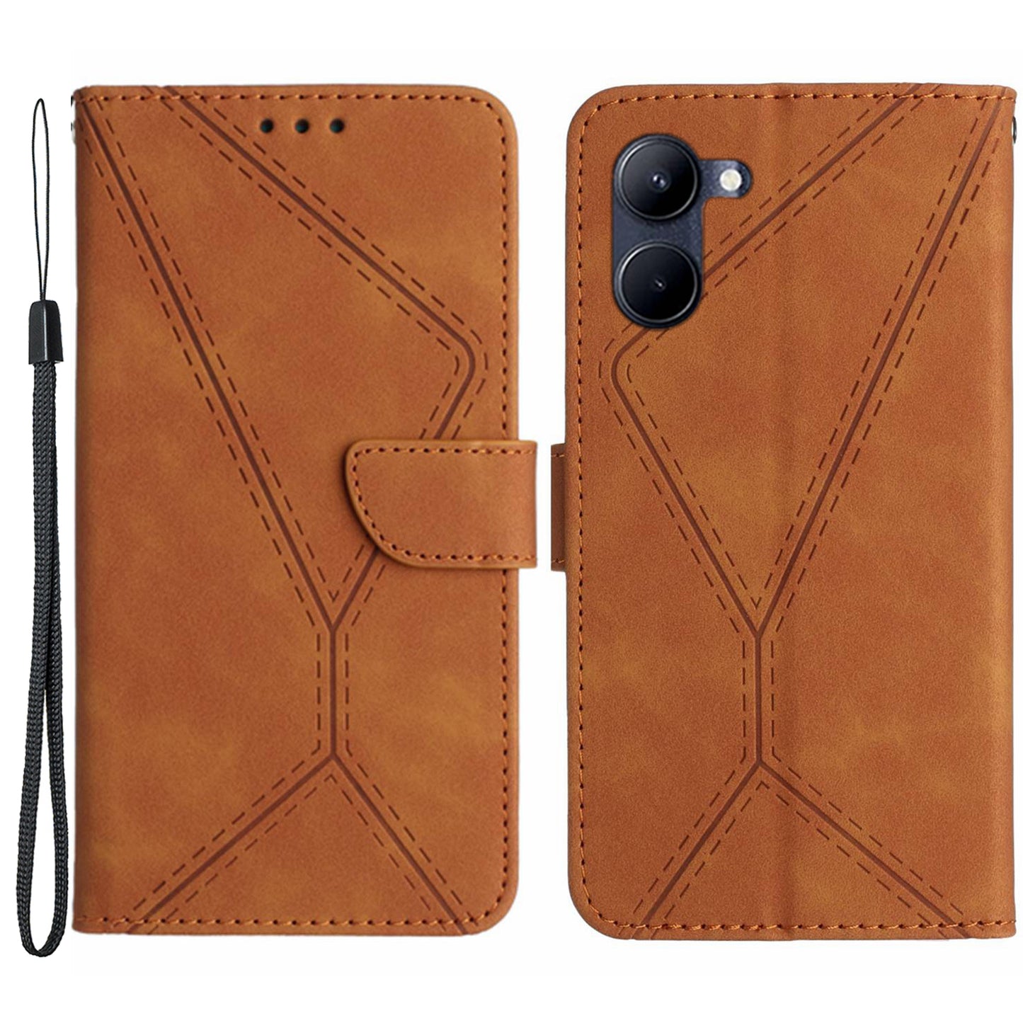 HT05 Phone Case for Realme C33 4G / C33 2023 4G PU Leather Skin-touch Imprinted Line Wallet Stand Cover