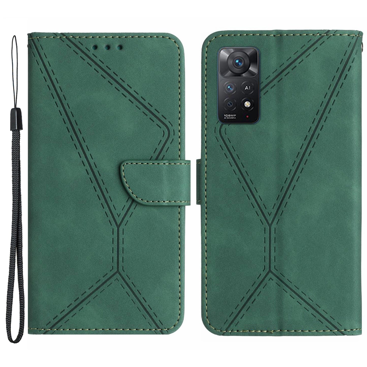 HT05 For Xiaomi Redmi Note 11 4G (Qualcomm) / Note 11S 4G Imprinted Line Wallet Stand Skin-touch PU Leather Phone Cover